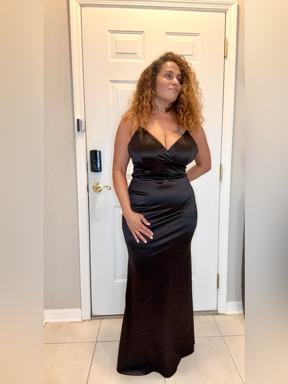 Lulu's Black Satin Spaghetti-Strap Maxi Dress